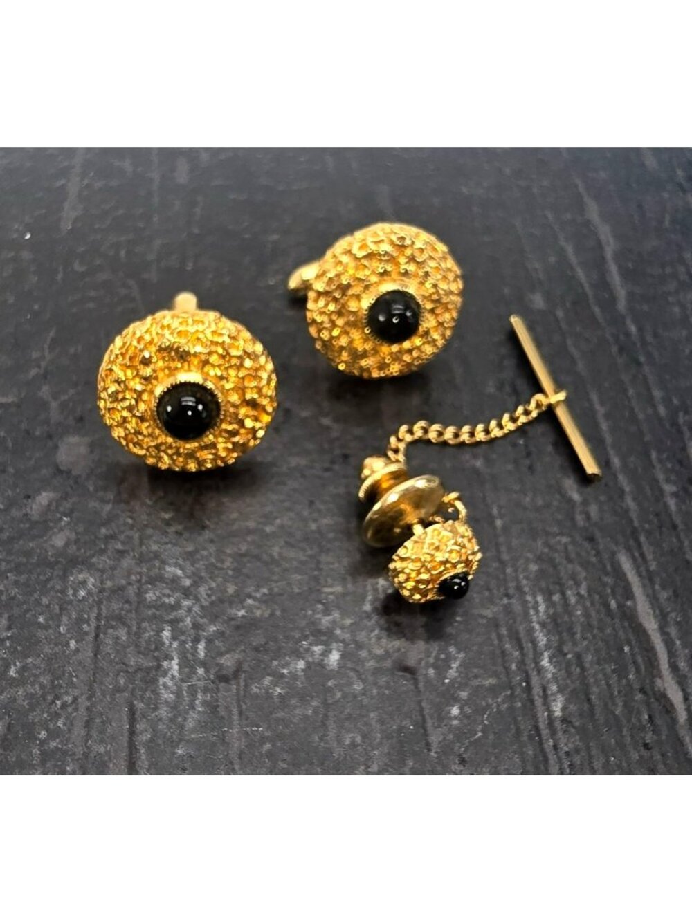 Vintage Gold Tone Cufflinks & Tie Tack Set With Black Onyx Accent Swank JE359